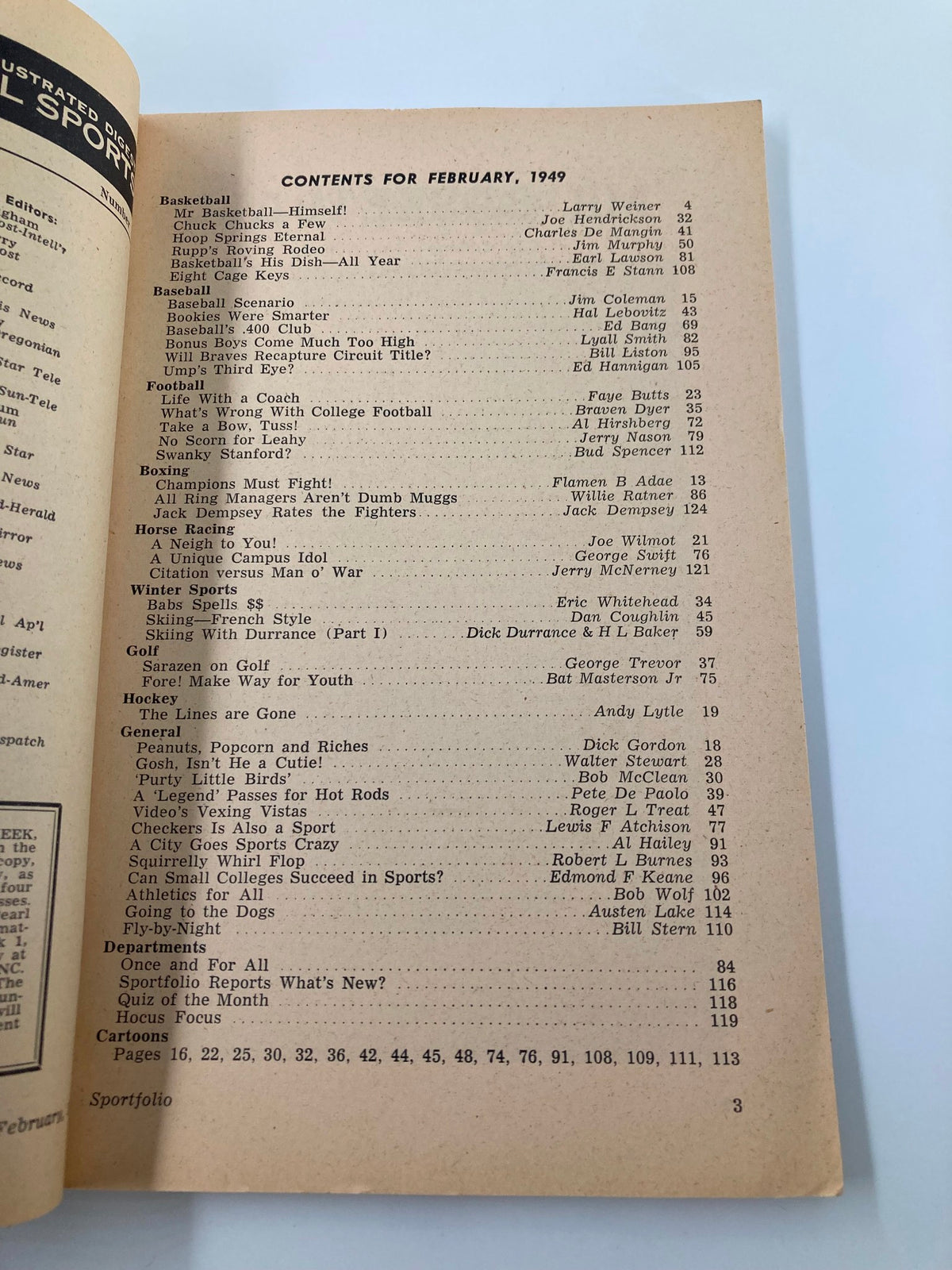 Contents page of Sportsfolio Magazine February 1949, listing articles including 'Mr. Basketball Himself' and various sports topics.
