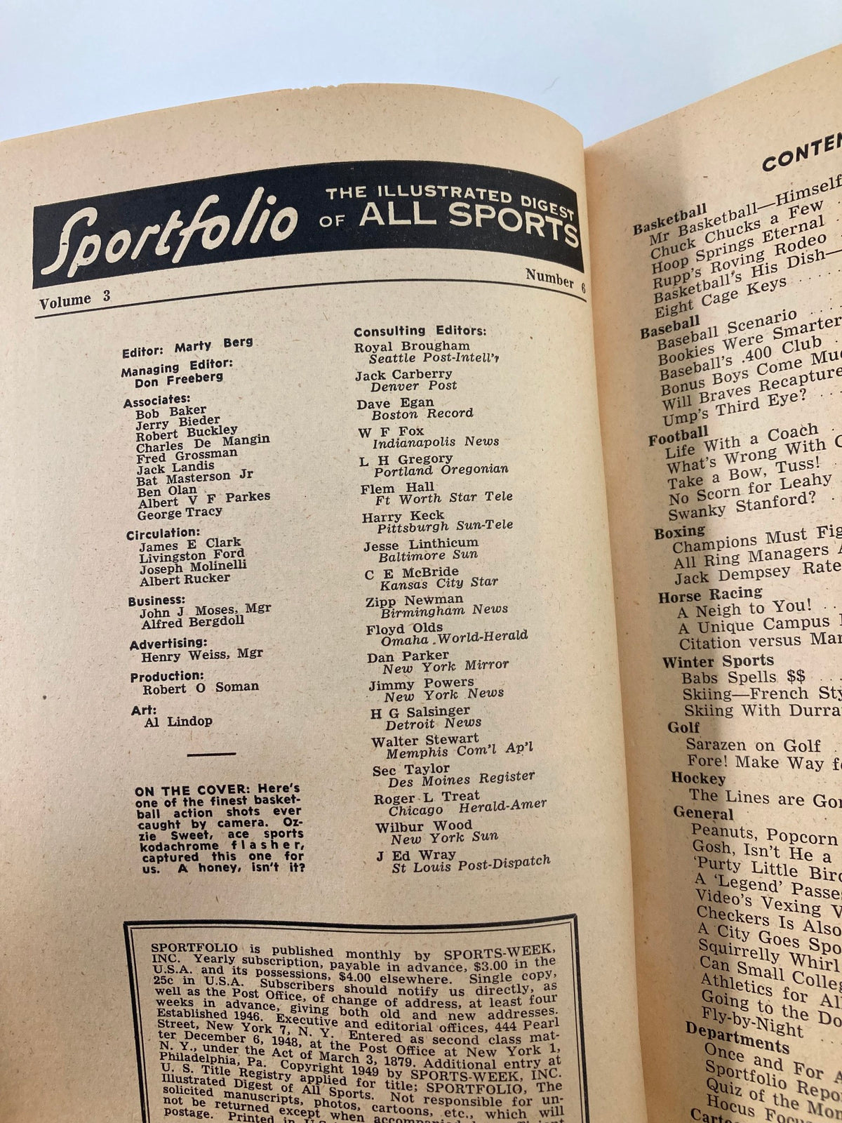 Inside page of Sportsfolio Magazine February 1949, featuring editorial credits and table of contents for a vintage sports publication.