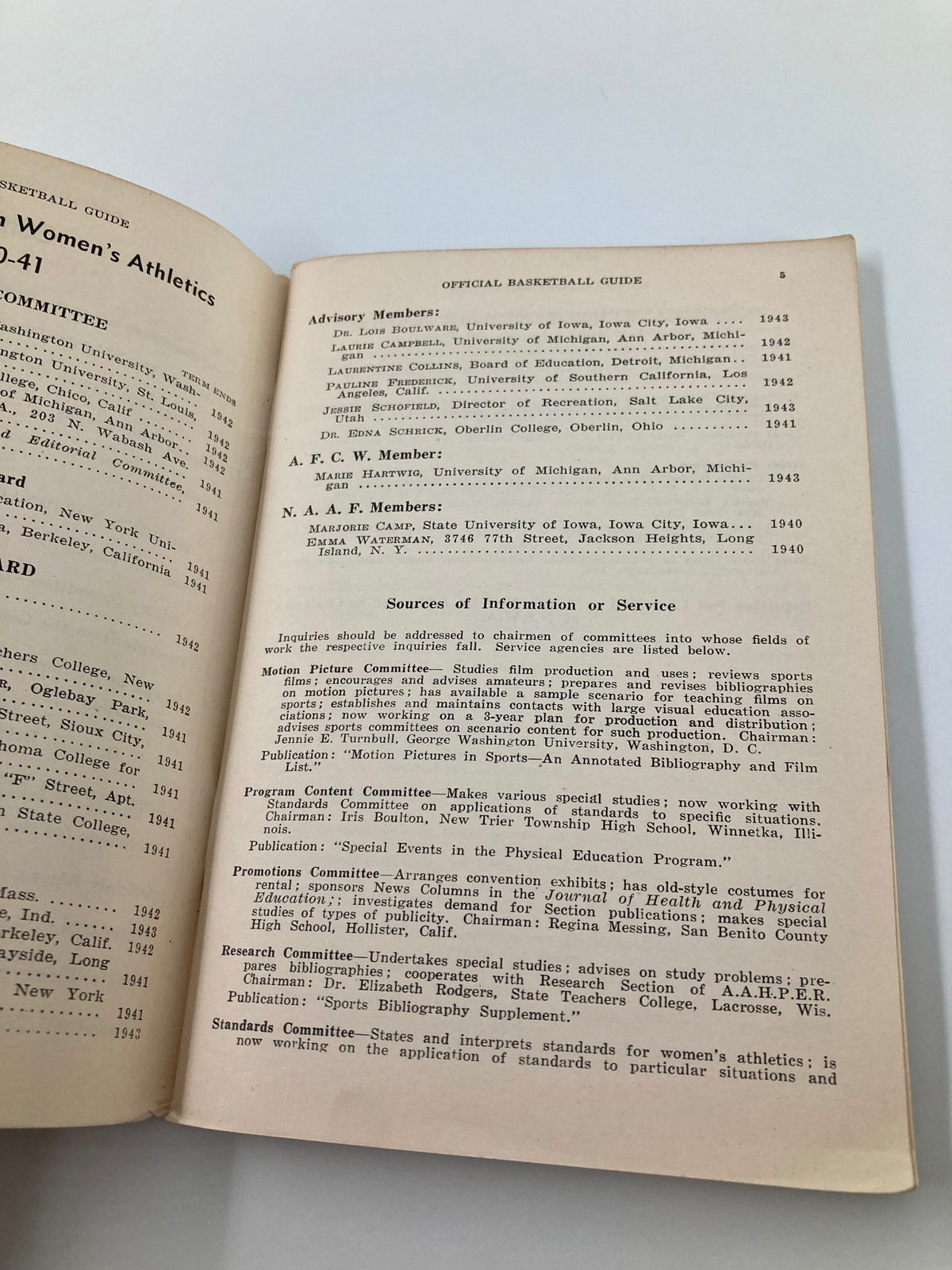 Page from the 1940-1941 Official Basketball Guide for Women and Girls listing sources of information and service for women's athletics.