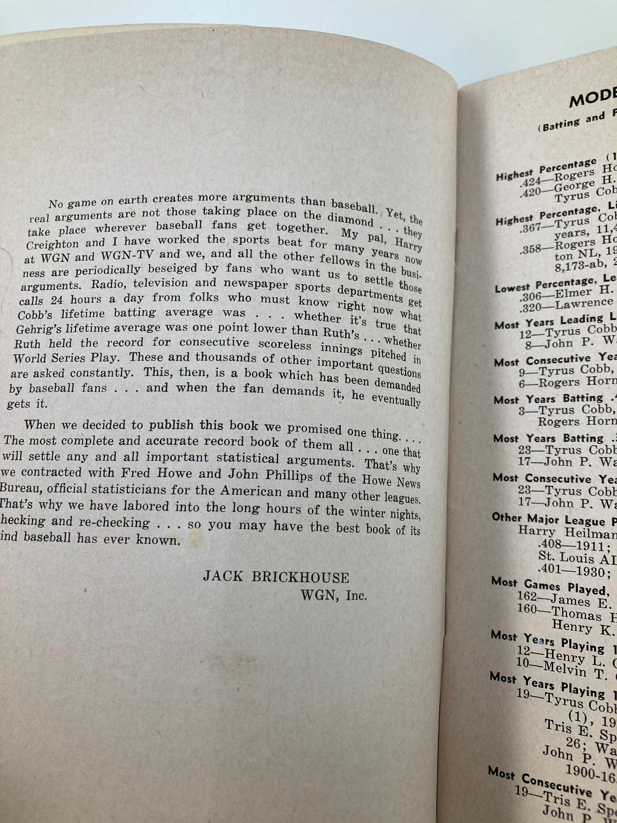 Inside page of the 1950 Jack Brickhouse Complete Major League Baseball Record Book, featuring insights on baseball statistics and historical context.