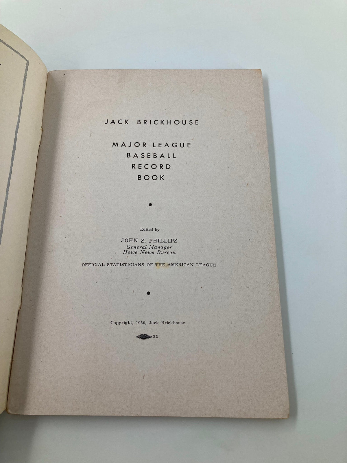 Title page of the 1950 Jack Brickhouse Complete Major League Baseball Record Book, edited by John S. Phillips, showcasing its vintage design and historical significance.
