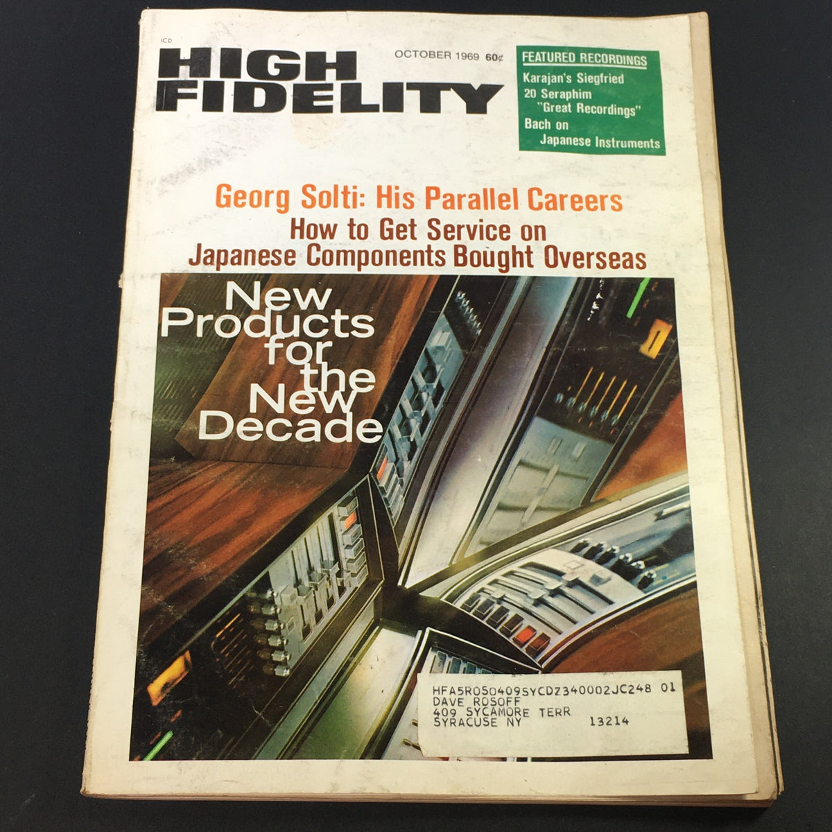 Vintage High Fidelity Music Magazine October 1969 featuring Georg Solti on the cover, highlighting his parallel careers and showcasing new products for the new decade.