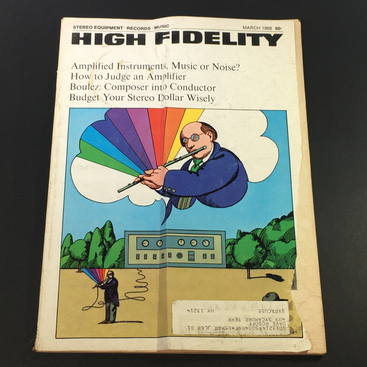 Cover of the VTG High Fidelity Music Magazine March 1968 featuring Pierre Boulez, showcasing colorful art with musical themes and topics including amplifier guidance and orchestral compositions.