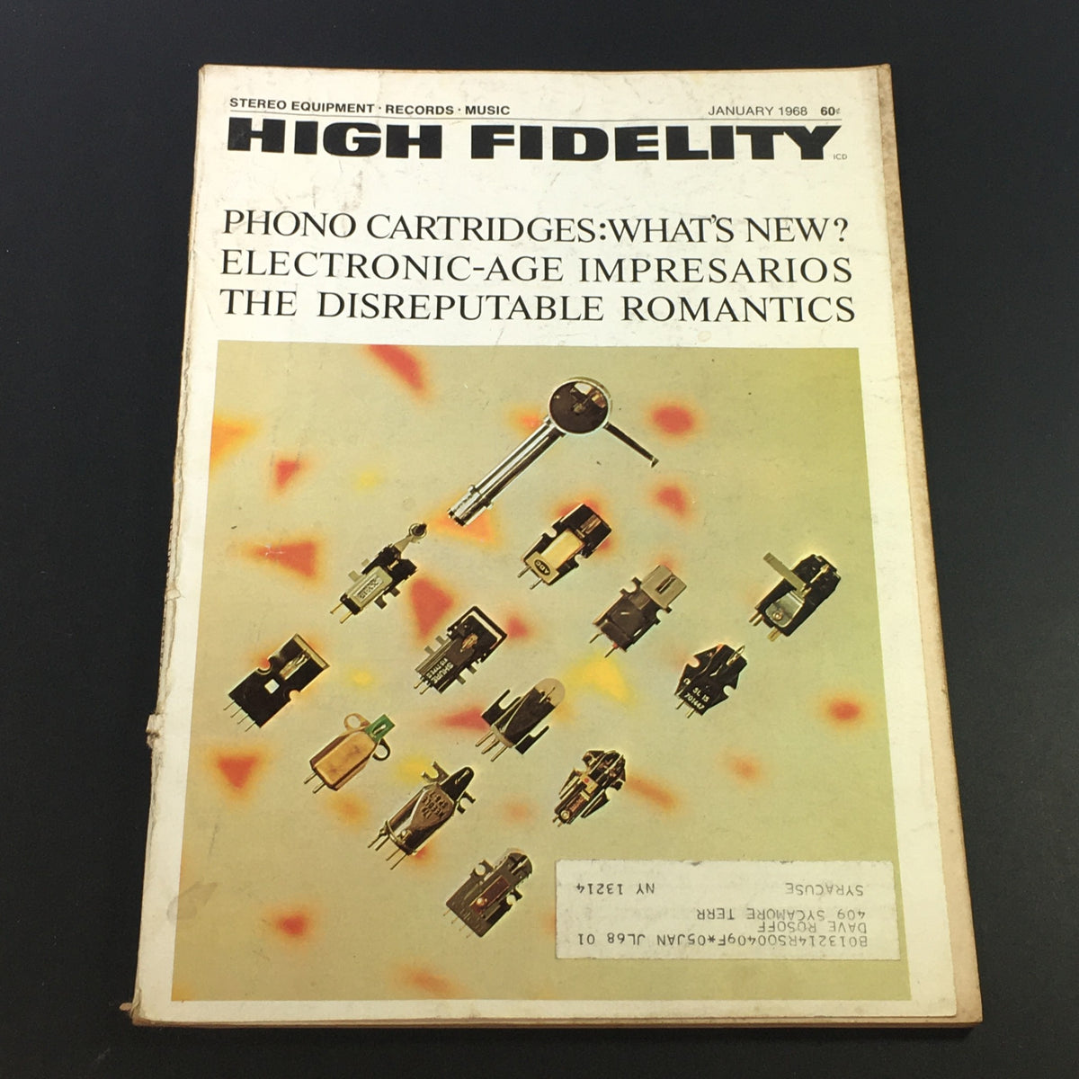 Cover of the VTG High Fidelity Music Magazine from January 1968 featuring phono cartridges, electronic-age impresarios, and the disreputable romantics, showcasing a collection of audio technology.
