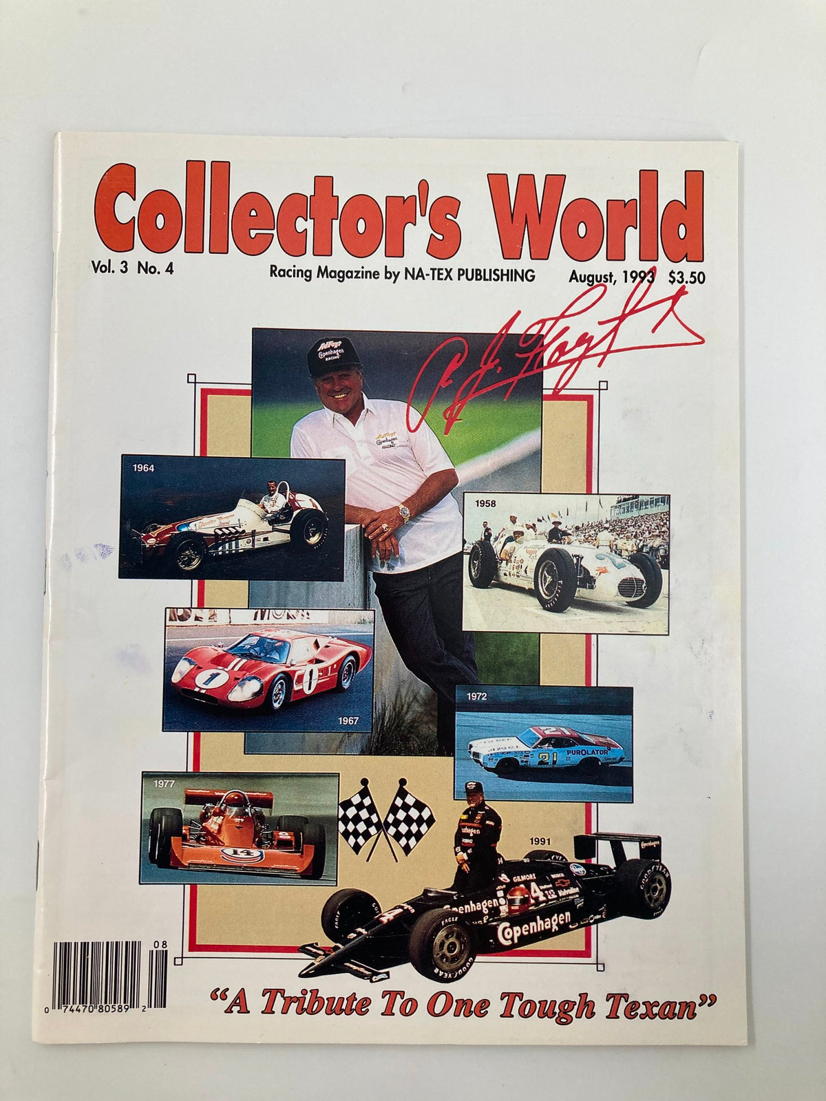 Cover of Collector's World Racing Magazine, August 1993, Vol 3 No 4, featuring a tribute to AJ Foyt, showcasing various racing cars and a signed image of AJ Foyt.