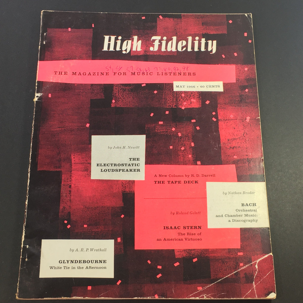 VTG High Fidelity Music Magazine May 1956 front cover featuring articles on Johann Sebastian Bach, the electrostatic loudspeaker, and more, showcasing vintage design and music history.