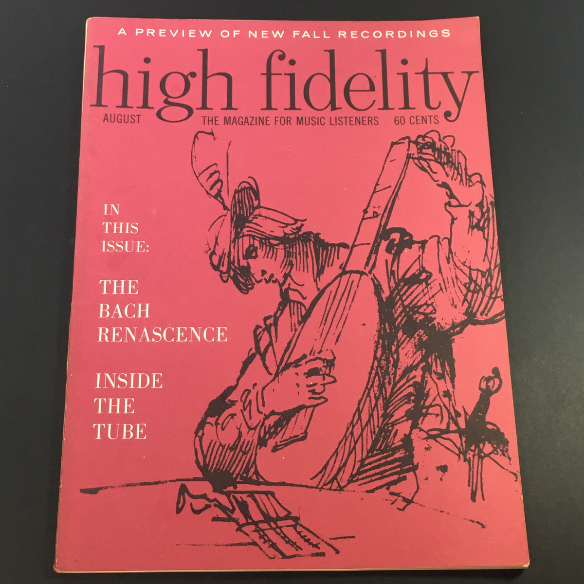 Cover of VTG High Fidelity Music Magazine August 1961 featuring a detailed illustration related to the Bach Renascence, highlighting musical themes.