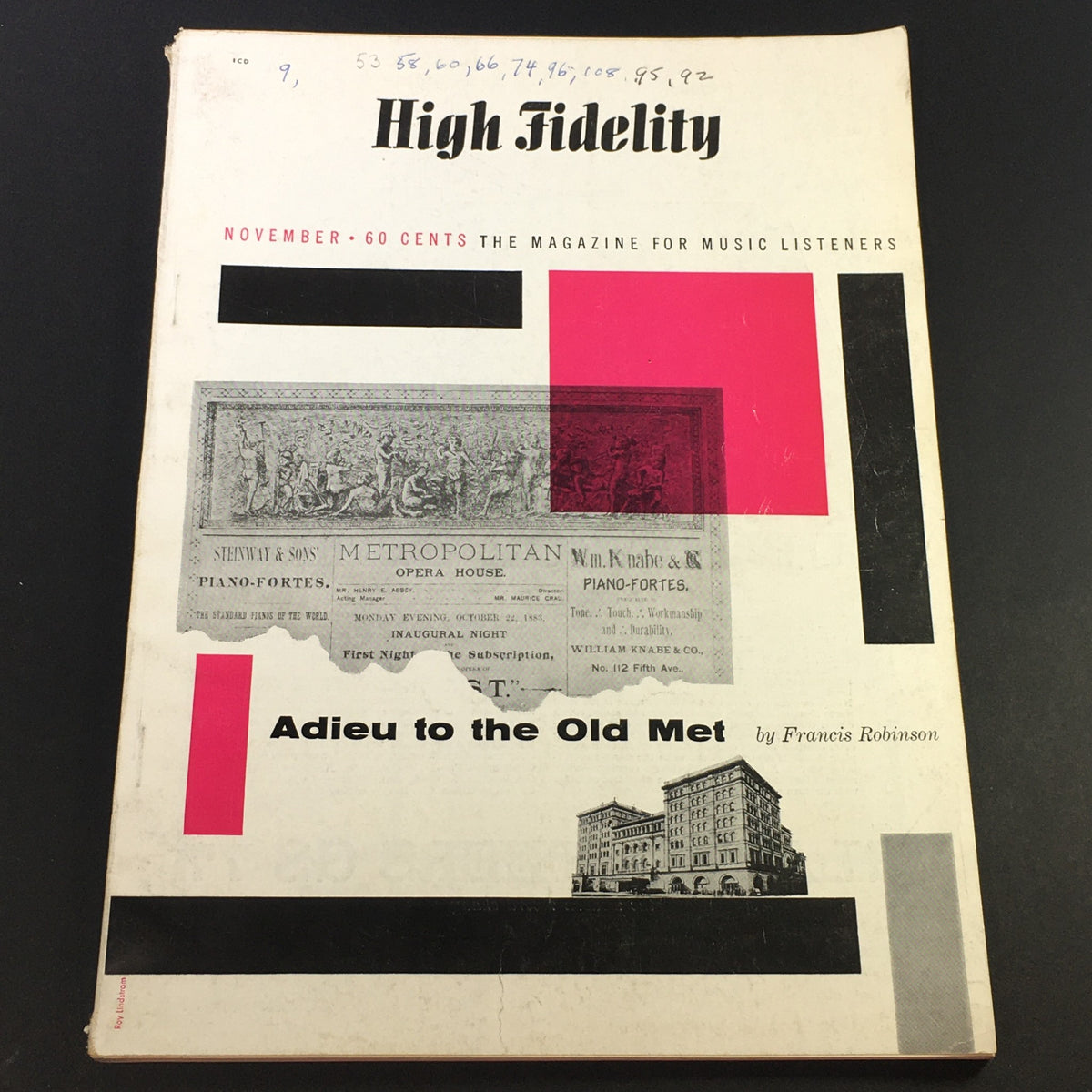 VTG High Fidelity Music Magazine November 1958 featuring 'Adieu to the Old Met' on the cover, showcasing a vintage design with bold colors and graphics.