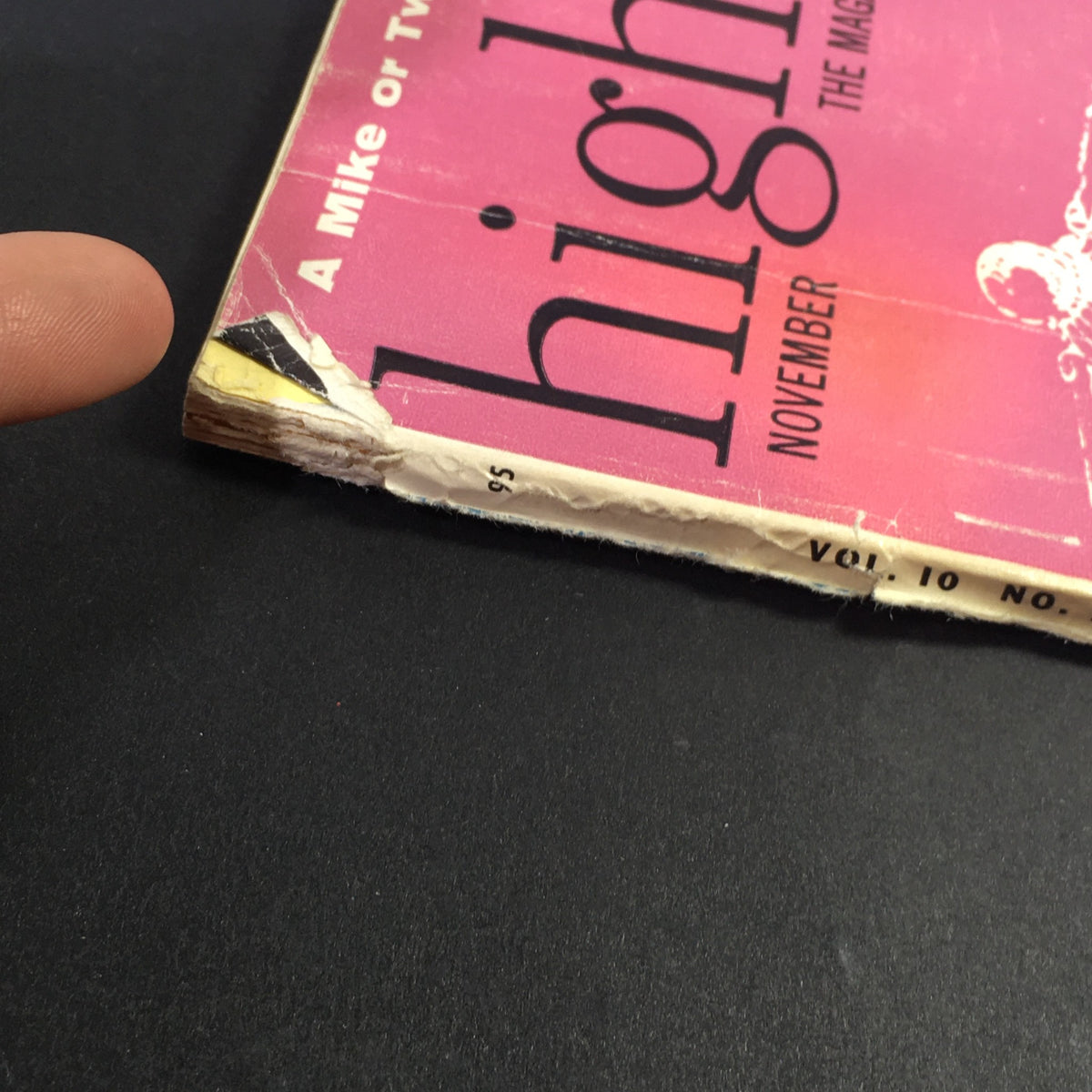 Side view of VTG High Fidelity Music Magazine November 1960 displaying corner wear and overall magazine condition.