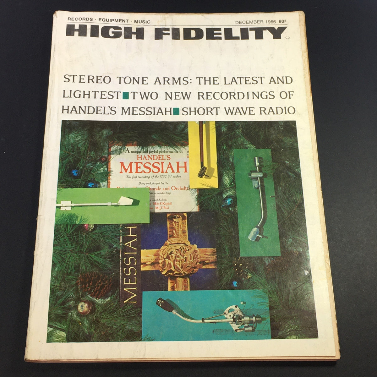 Cover of VTG High Fidelity Music Magazine December 1966 featuring articles on Handel's Messiah, with images of musical equipment and festive decorations.