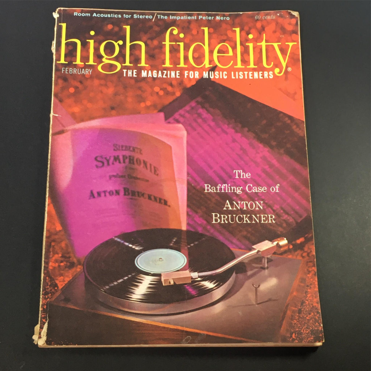 Cover of VTG High Fidelity Music Magazine February 1963 featuring a turntable and sheet music related to Anton Bruckner.