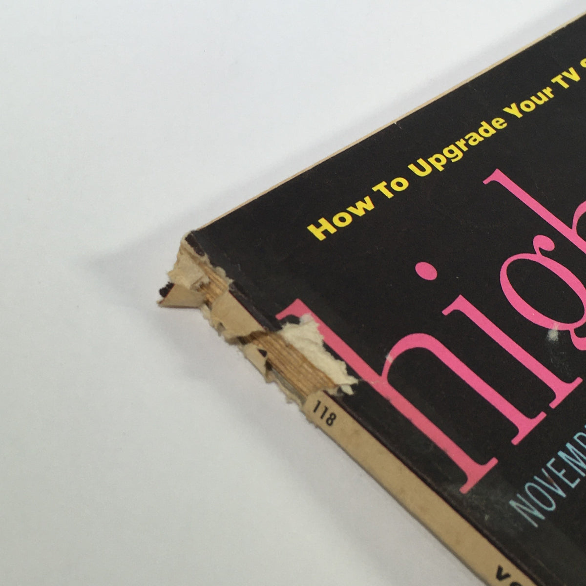 Side view of the VTG High Fidelity Music Magazine November 1962, displaying minor wear at the top and the title 'high fidelity' clearly visible.