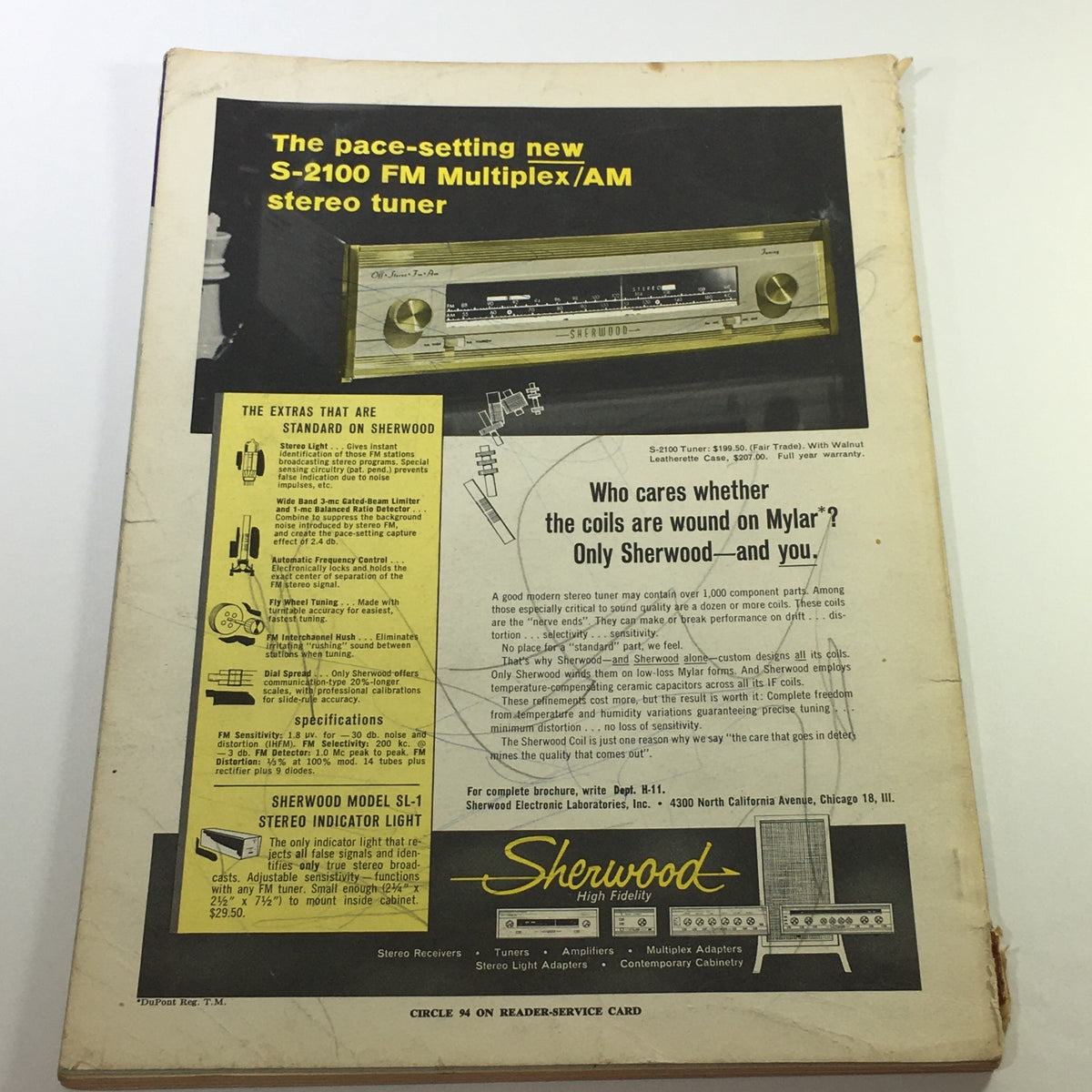 Back cover of the VTG High Fidelity Music Magazine November 1962, featuring an advertisement for the Sherwood S-2100 FM Multiplex/AM stereo tuner.