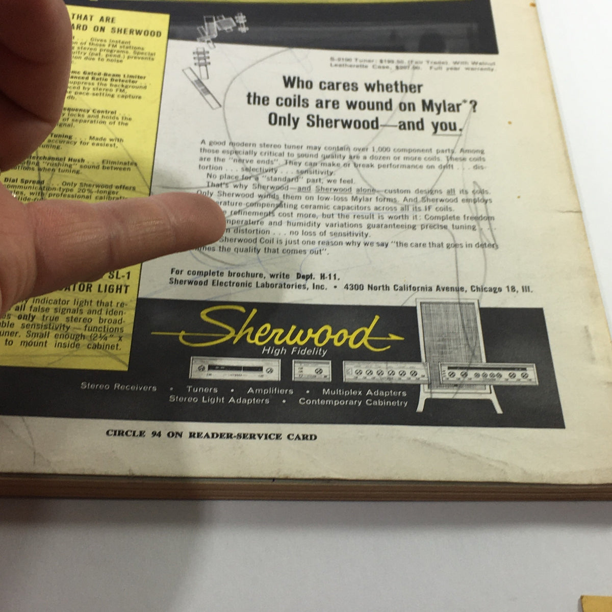 Back cover of VTG High Fidelity Music Magazine November 1962 featuring an advertisement for Sherwood electronics with a hand pointing at the text, showcasing vintage music history and technologies.