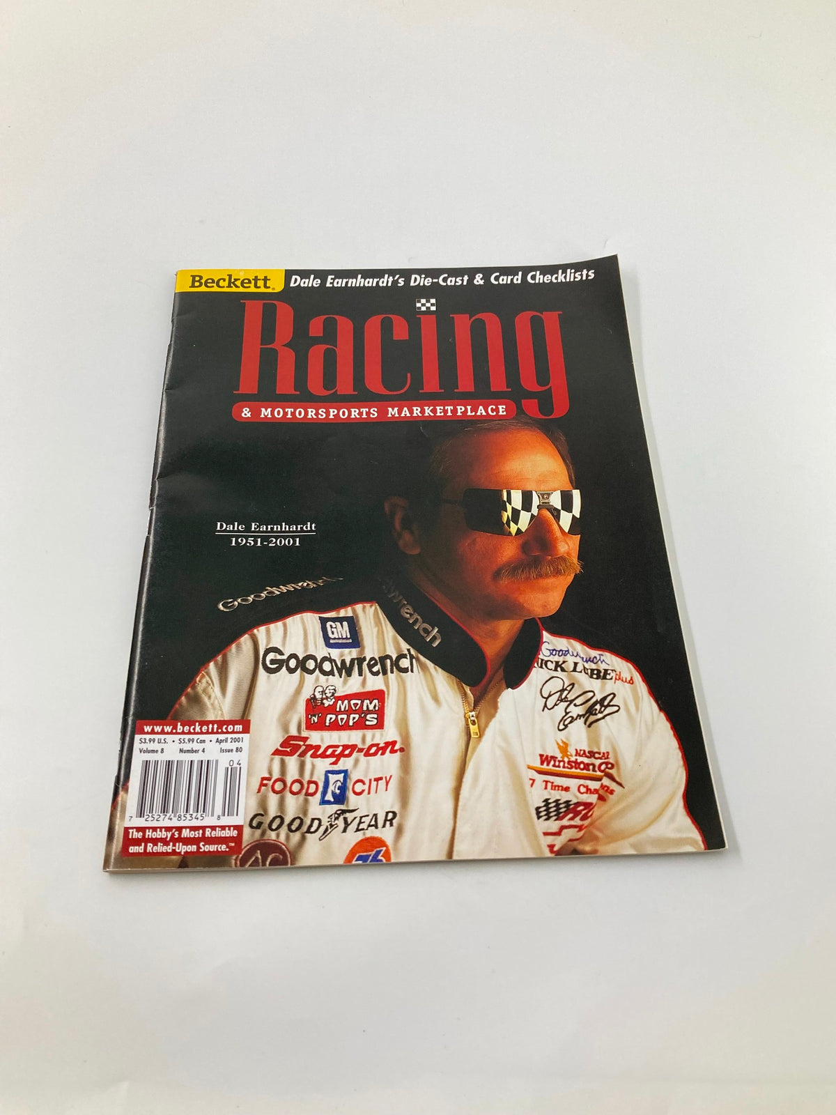 Alternate cover of Beckett Racing & Motorsports Marketplace April 2001, highlighting Dale Earnhardt, includes details about die-cast models and card checklists.
