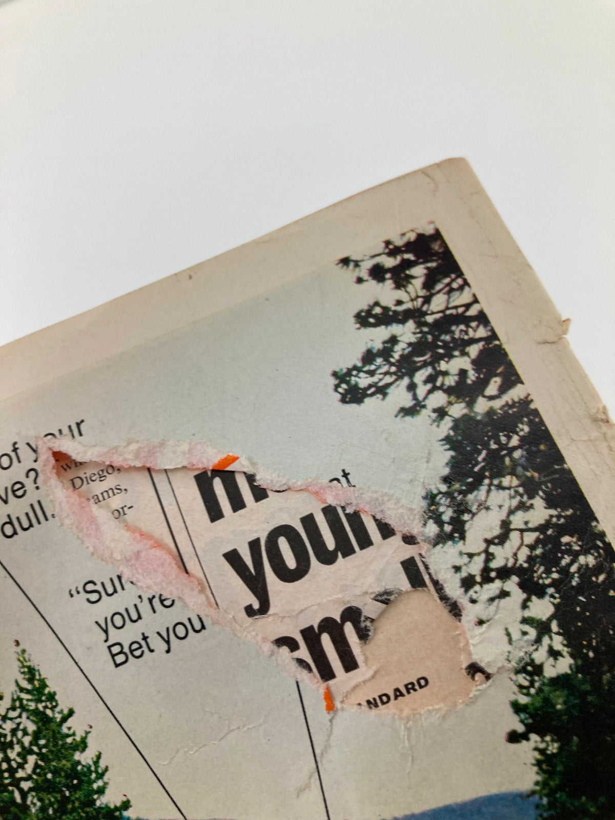 Close-up view of a damaged corner of the Sports Illustrated Magazine dated February 26, 1968 featuring Curtis Turner, showcasing wear from age and a slight rip.