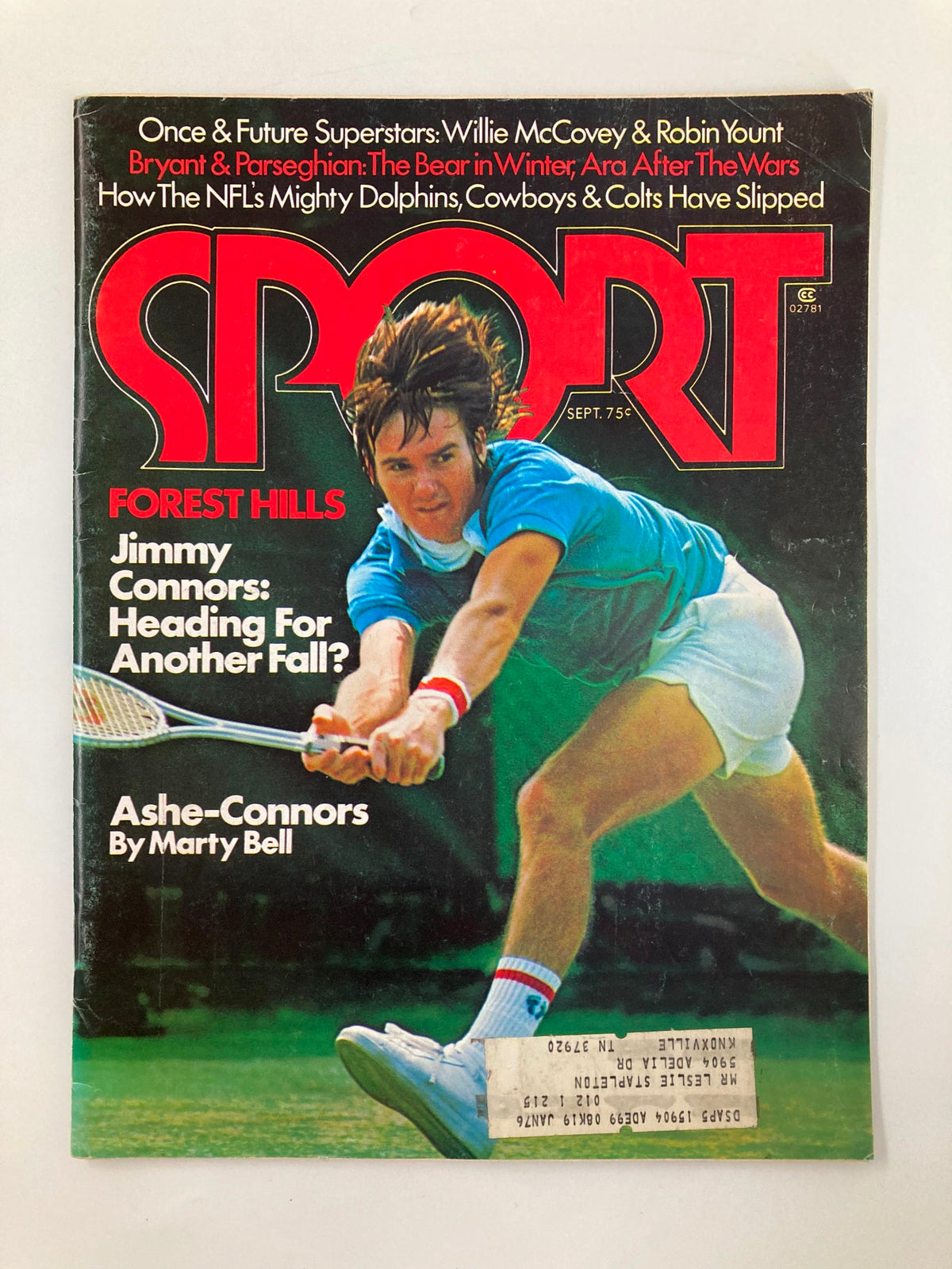 Vintage Sport Magazine cover from September 1975 featuring Jimmy Connors, titled 'Heading For Another Fall', showcasing the tennis player in action with a vibrant design.