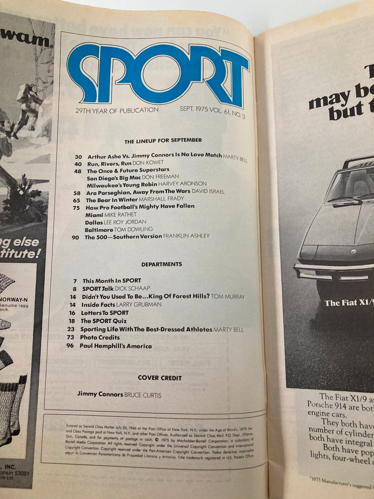 Inside page of the September 1975 Sport Magazine displaying the contents section, featuring articles including one on Jimmy Connors, titled 'Heading For Another Fall'.