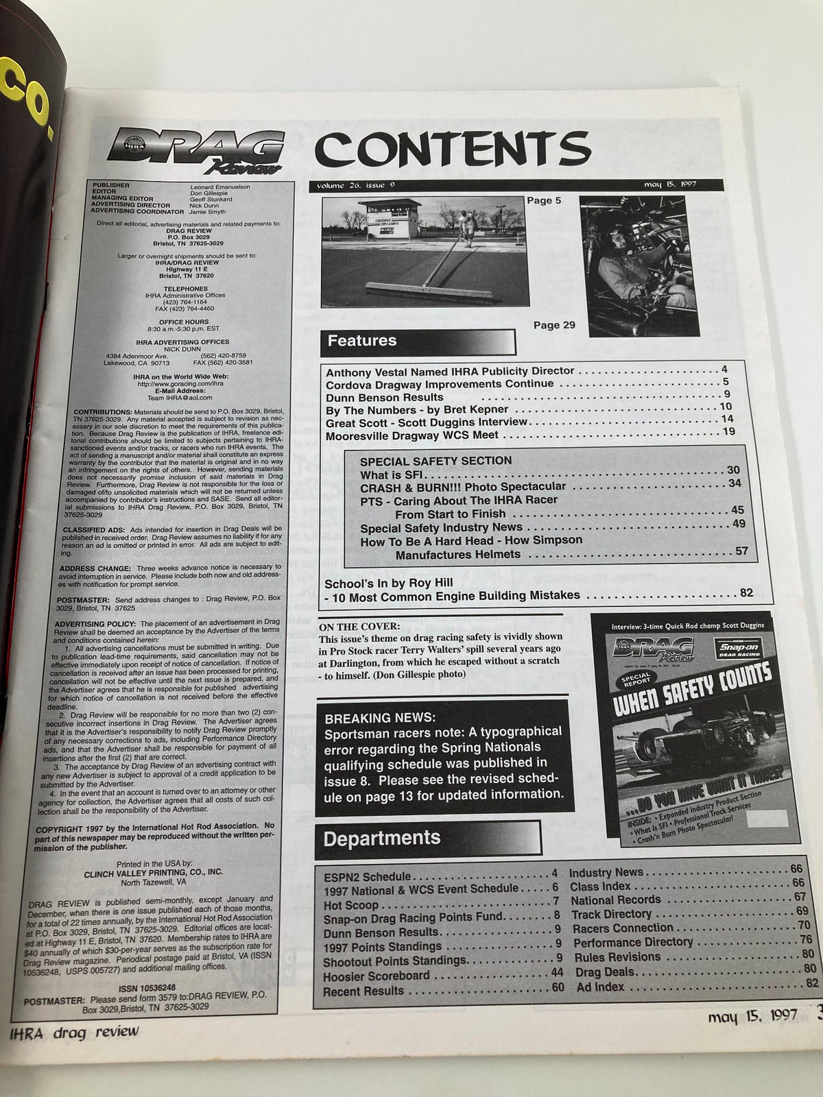 Contents page of the IHRA Drag Review Magazine dated May 15, 1997, outlining features including an interview with 3-time Quick Rod champ Scott Duggins.