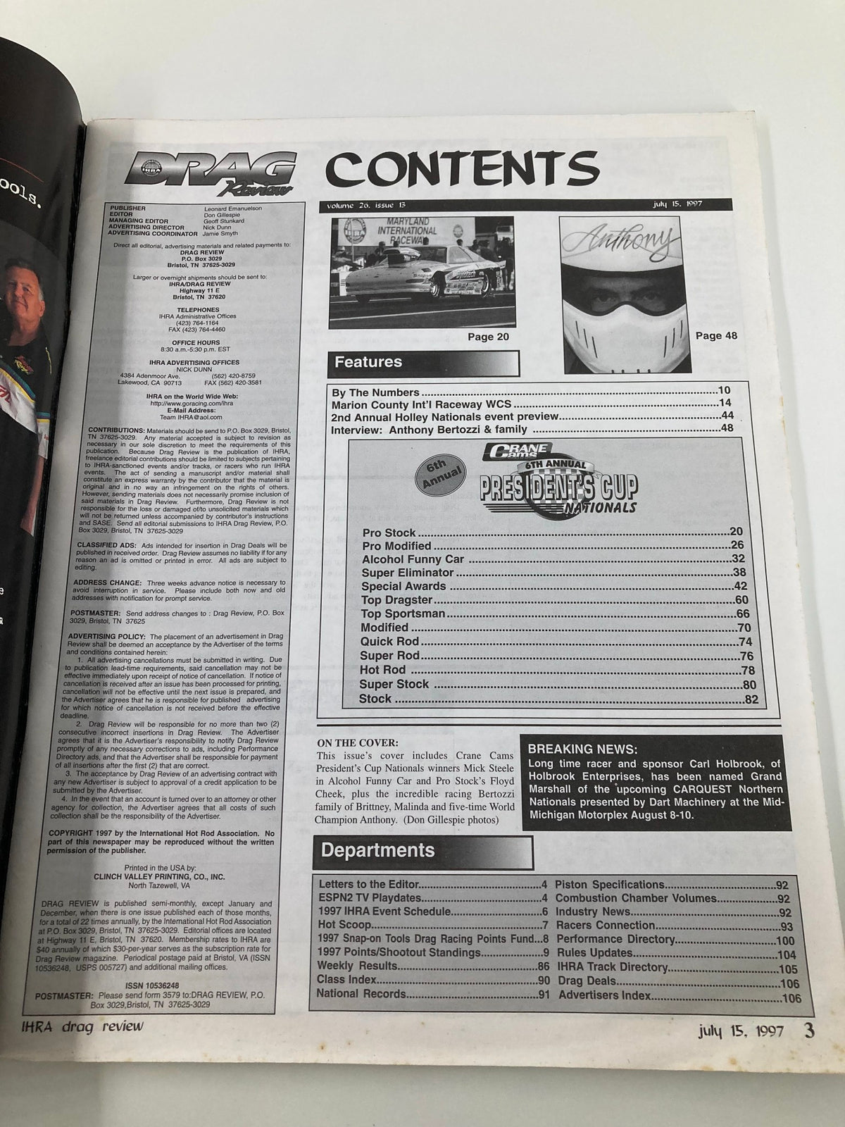 IHRA Drag Review Magazine July 15 1997 World Champion Anthony Bertozzi