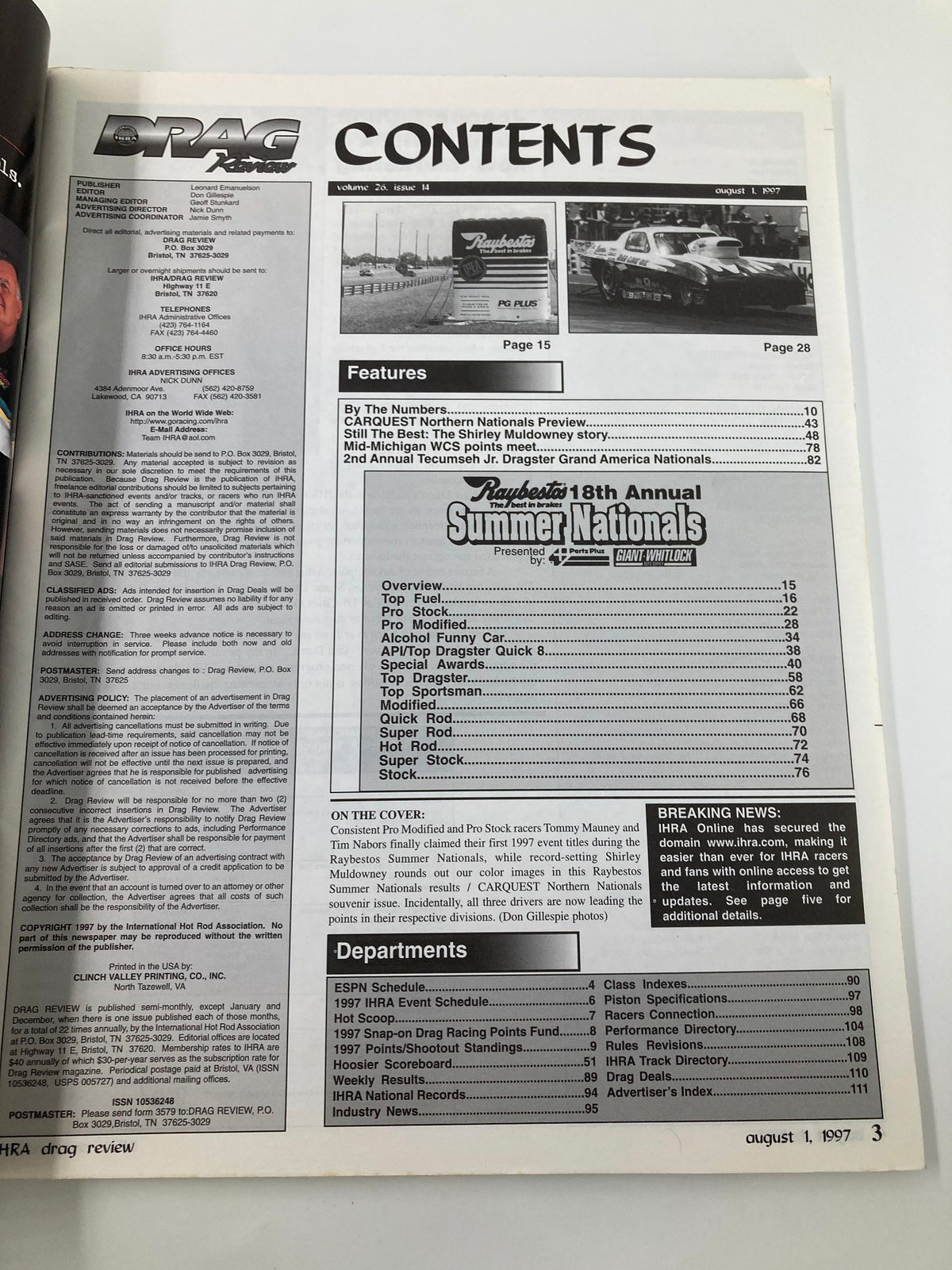 IHRA Drag Review Magazine August 1 1997 contents page featuring articles on drag racing, highlights including Tommy Mauney's Pro Mod chase victory, and event previews for the Raybestos Summer Nationals.
