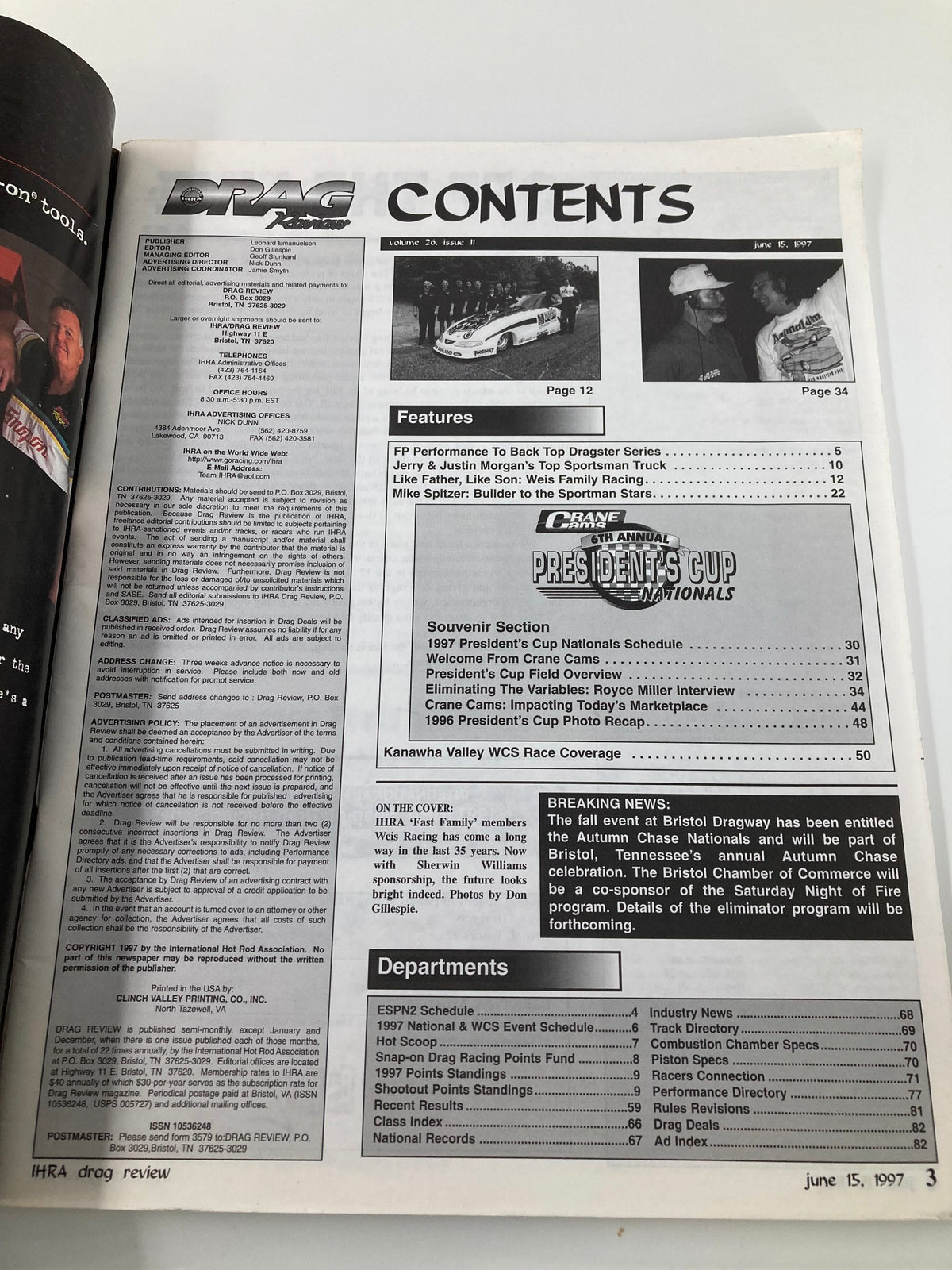 Contents page of IHRA Drag Review Magazine June 15, 1997, featuring highlights on drag racing features and events, including the President's Cup Nationals.