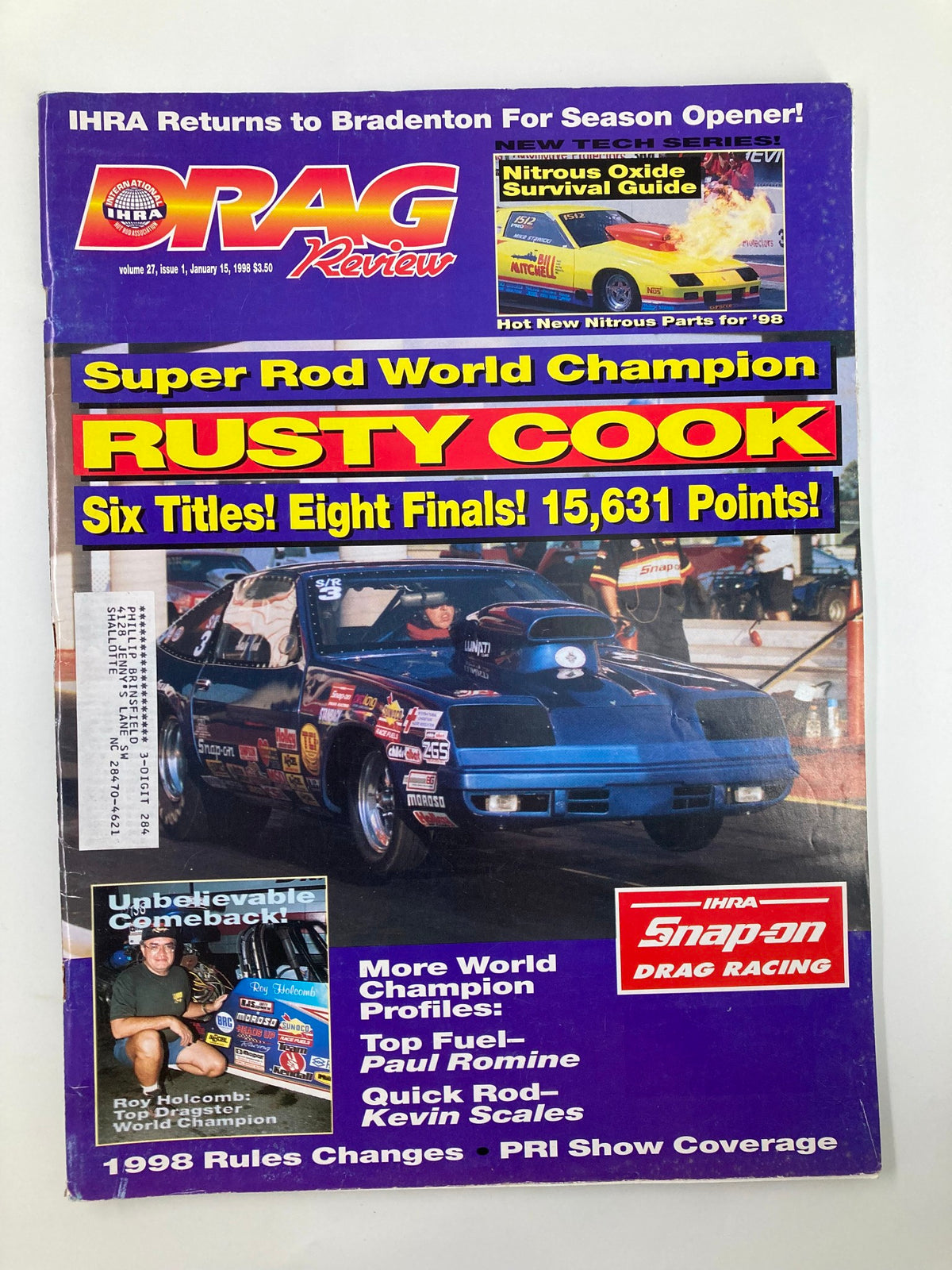 Cover of IHRA Drag Review Magazine dated January 15, 1998 featuring Rusty Cook, Super Rod World Champion with six titles and eight finals. Highlights include drag racing events and profiles of notable racers.