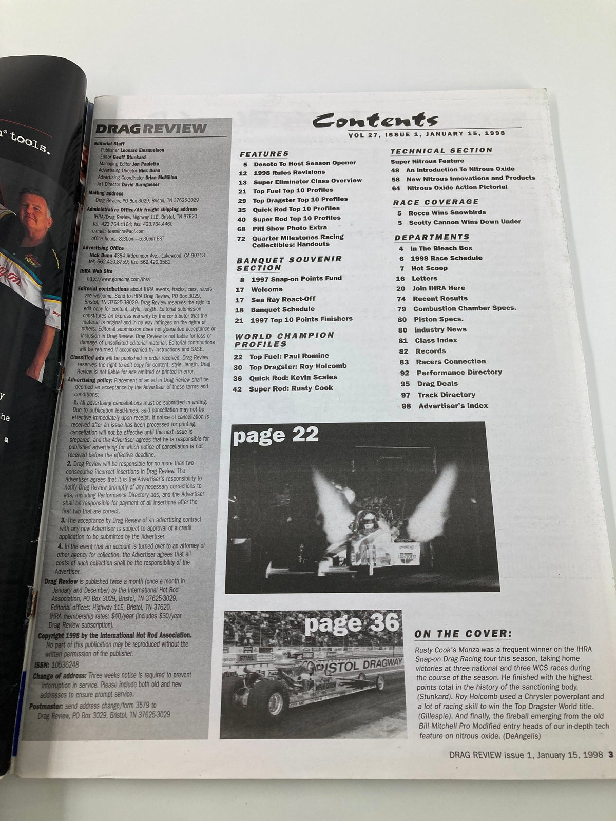 Contents page of the January 15, 1998 issue of IHRA Drag Review Magazine showcasing features, technical sections, and profiles including Rusty Cook, Super Rod World Champion.