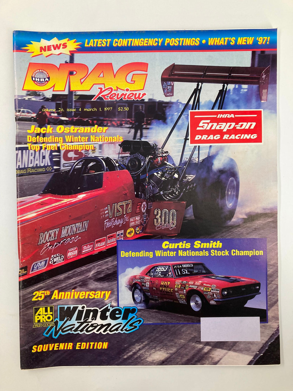 Cover of the IHRA Drag Review Magazine dated March 1, 1997, featuring drag racers Jack Ostrander and Curtis Smith, showcasing vibrant graphics and text about drag racing events.