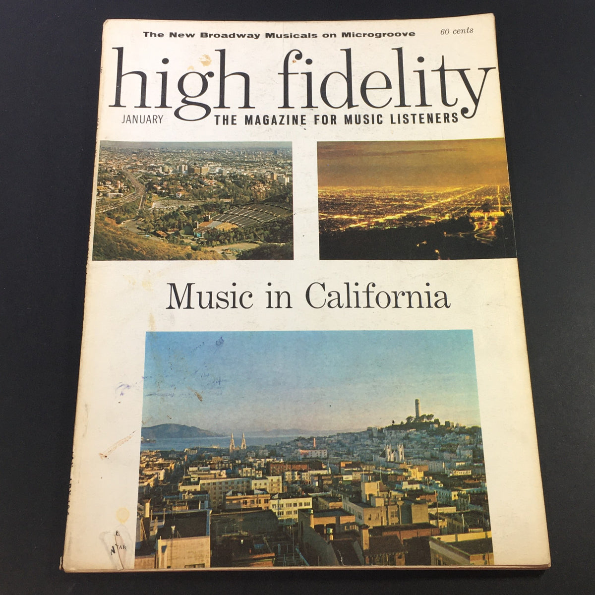 Cover of the VTG High Fidelity Music Magazine from January 1962, featuring 'Music in California', showcasing urban landscapes and cityscapes to reflect the vibrant music culture of Southern California.