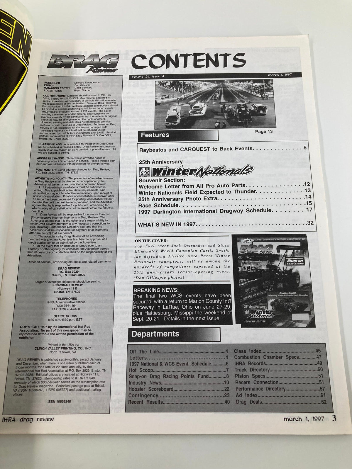Contents page of the IHRA Drag Review Magazine March 1, 1997, detailing features, departments, and event information related to drag racing and the Winter Nationals.
