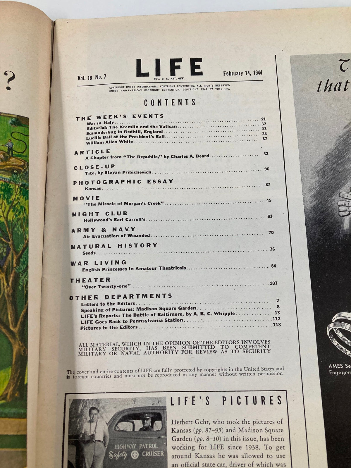 Contents page of Life Magazine, February 14, 1944, detailing articles including 'War in Italy' and other features reflective of the social climate during World War II.