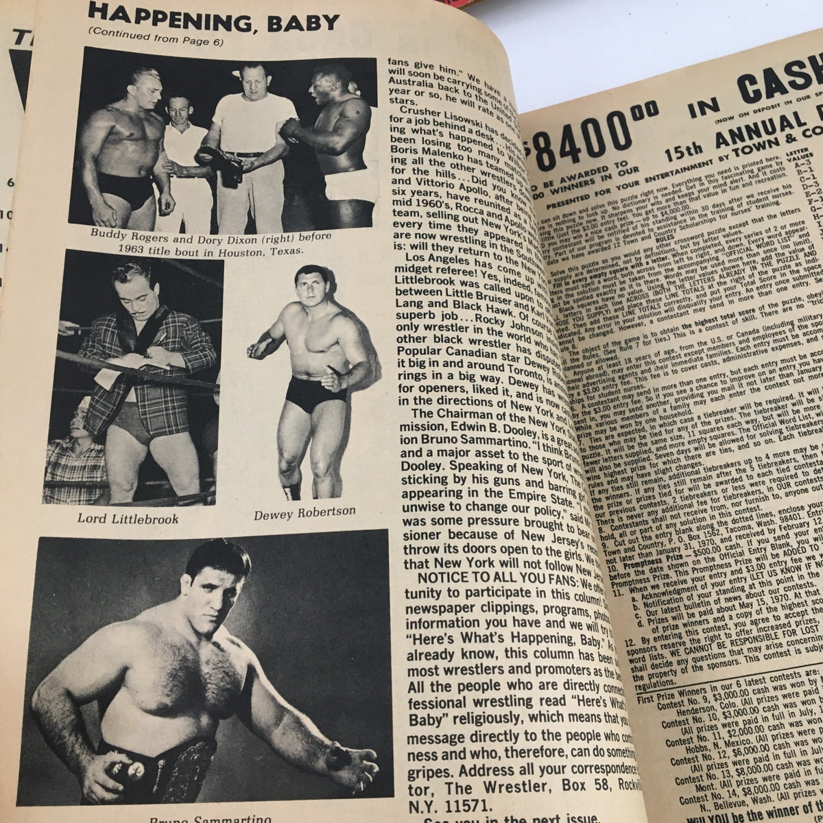 Another inside page of The Wrestler Magazine March 1970, featuring images of wrestling legends Buddy Rogers, Lord Littlebrook, Dewey Robertson, and Bruno Sammartino, capturing the essence of professional wrestling history.