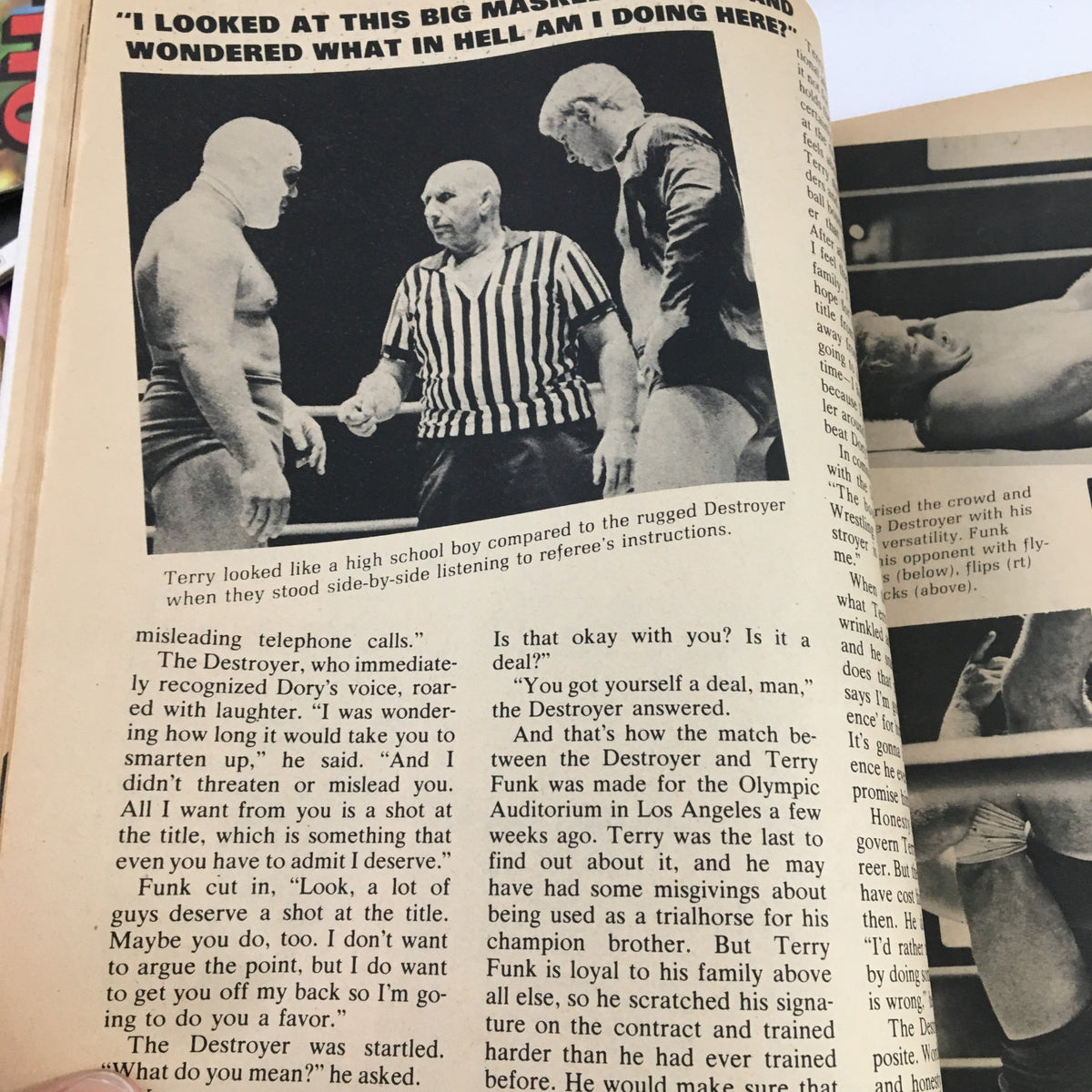 The Wrestler Magazine March 1970 featuring Buddy Rogers, Terry Funk, and Bill Watts. Vintage wrestling scene with referee and wrestlers interacting, capturing the excitement of professional wrestling.