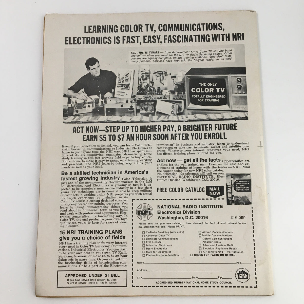 The Wrestler Magazine March 1970 advertisement showcasing training programs for color TV and electronics by the National Radio Institute. Highlighting educational opportunities in a vintage magazine.
