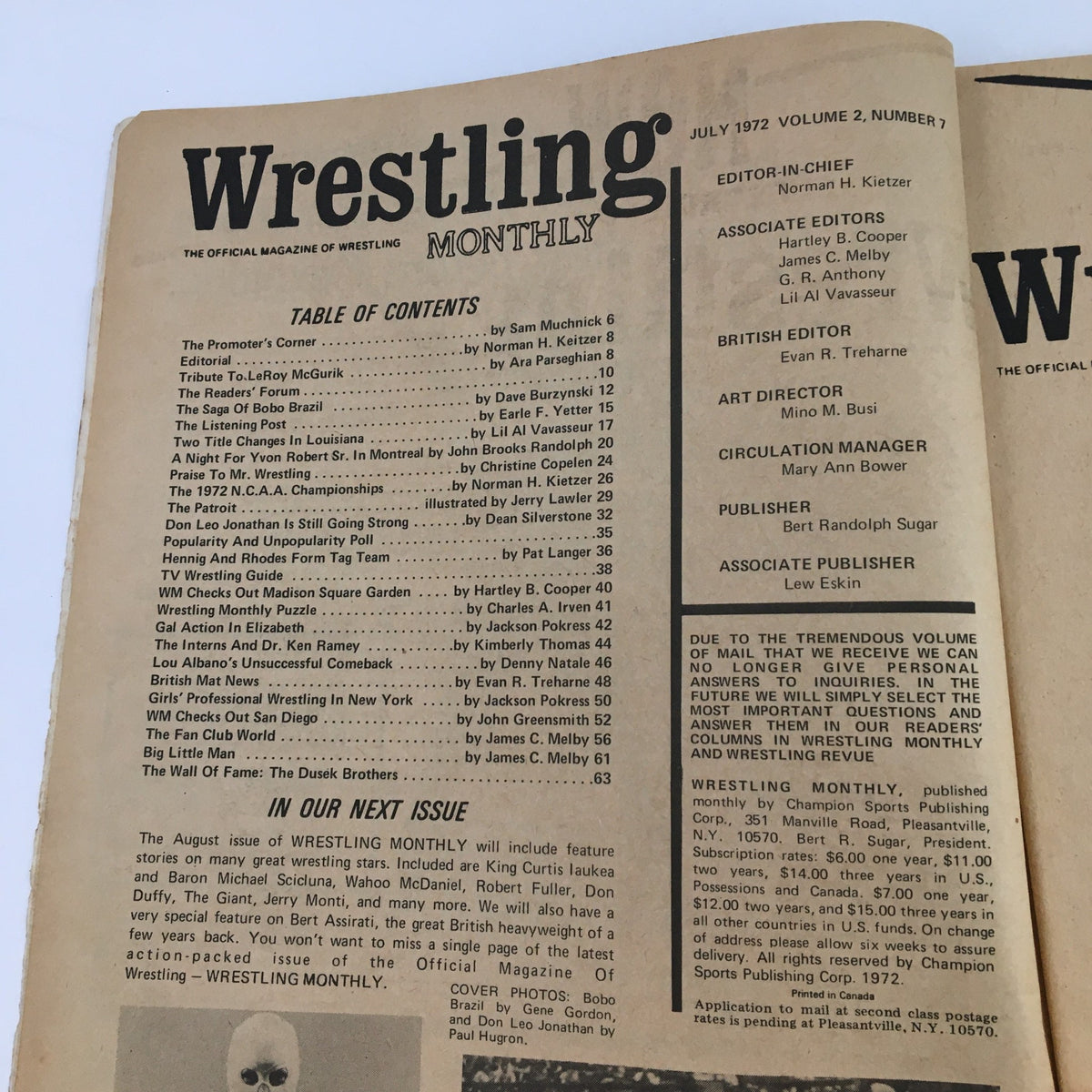 Inside page of Wrestling Monthly Magazine July 1972 displaying the table of contents, illustrating articles on professional wrestling and notable wrestlers.