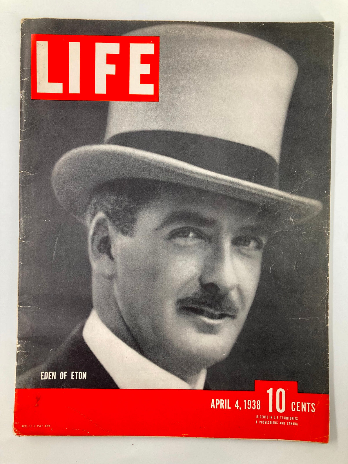 Cover of Life Magazine from April 4, 1938 featuring Anthony Eden of Eton, showcasing the magazine's distinctive red logo and historical significance.