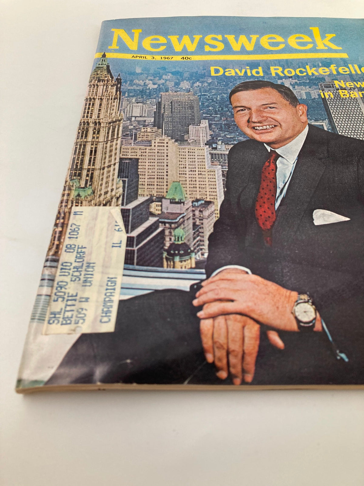 Vintage Newsweek magazine cover from April 3, 1967, featuring David Rockefeller and highlighting a new era in banking, set against a backdrop of a city skyline.