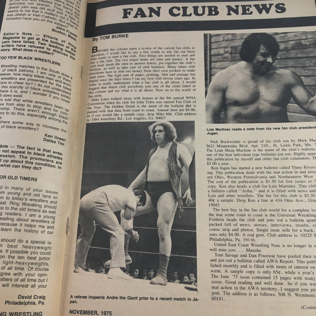 Image showing a page from The Ring Wrestling Magazine November 1975 featuring news about wrestling fan clubs, with a prominent image of Andre the Giant, serving as a historical look at wrestling culture.