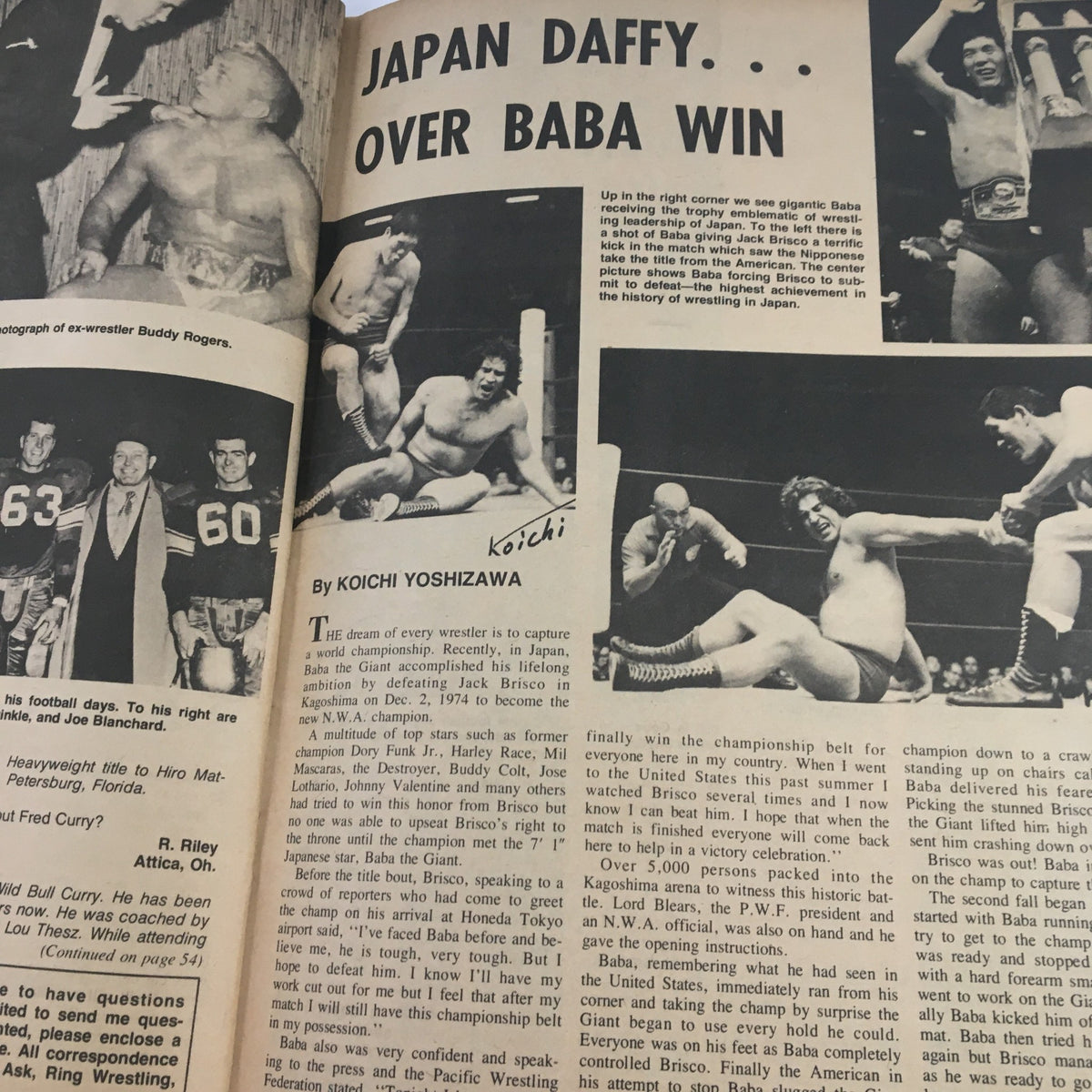 Image displaying a page from The Ring Wrestling Magazine November 1975, highlighting a wrestling article by Koichi Yoshizawa, featuring images of Giant Baba and Jack Brisco, providing insights into a significant wrestling match.