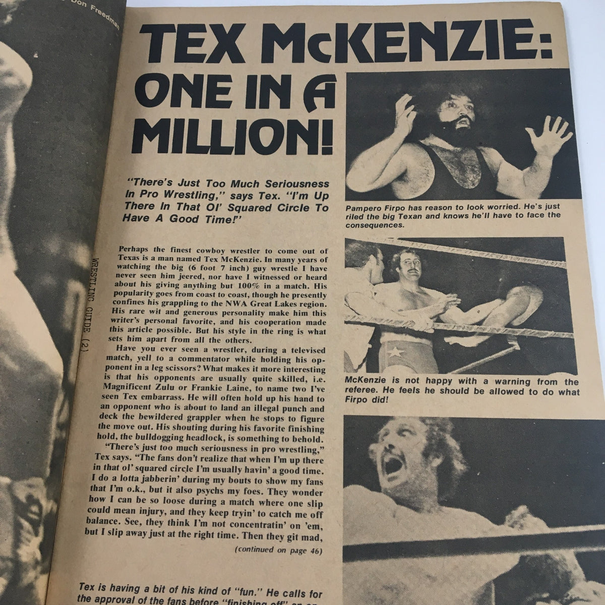 Wrestling Guide October 1974 showcasing Tex McKenzie's wrestling antics, illustrating a match where he expresses his playful and competitive nature.