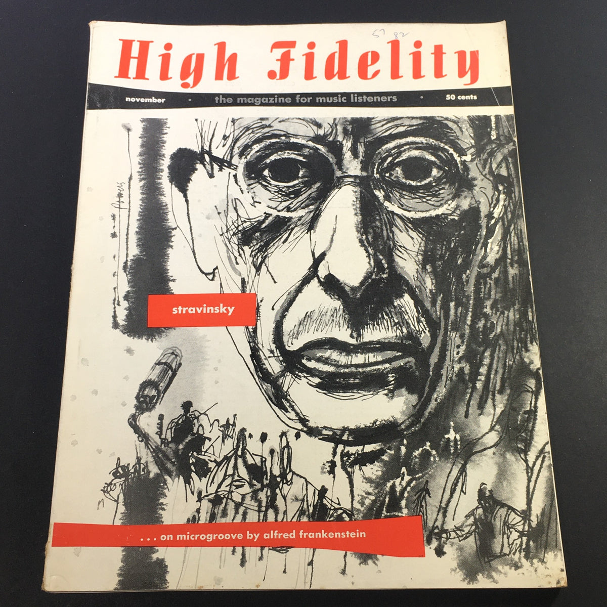 Cover of VTG High Fidelity Music Magazine November 1954 featuring a bold artistic representation of Igor Stravinsky, highlighting the theme of microgroove in music.