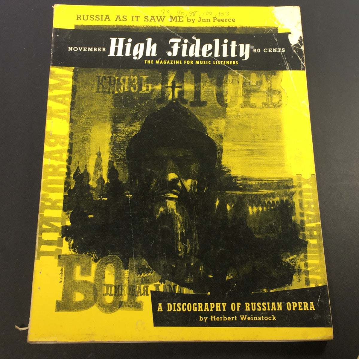 Cover of VTG High Fidelity Music Magazine November 1956 showcasing a Russian opera discography, featuring striking graphics and text highlighting its historical significance.
