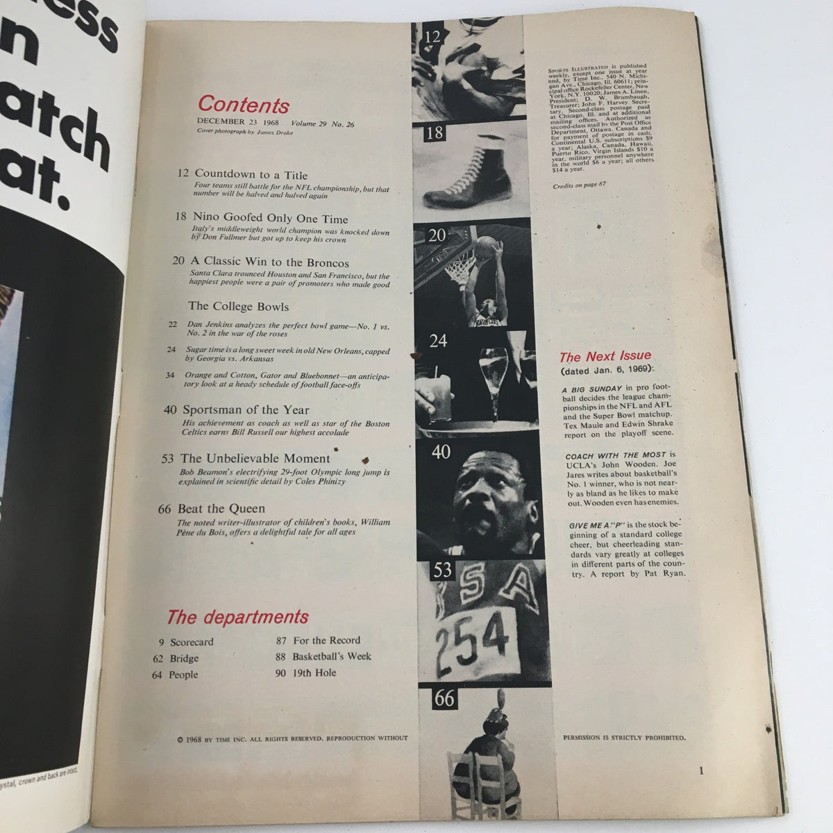 Interior page of Sports Illustrated Magazine December 23 1968 Bill Russell Sportsman of the Year, displaying the contents section highlighting notable articles and features.