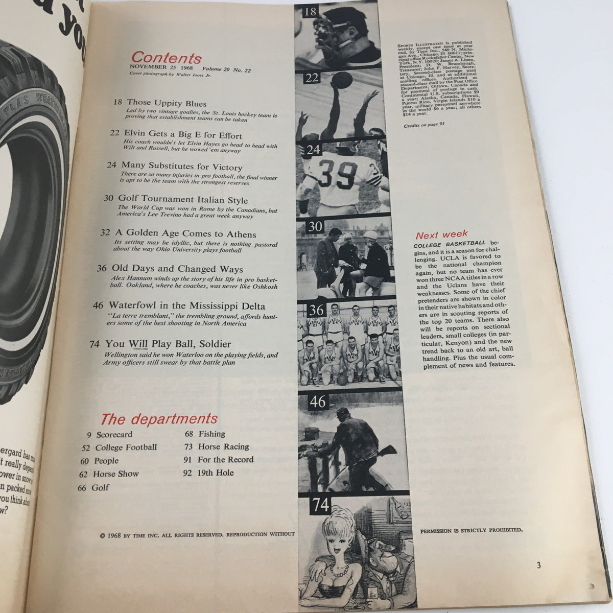 Contents page from Sports Illustrated Magazine November 25 1968 featuring articles on sports including football and basketball, along with upcoming features, showcasing the magazine's vintage charm.