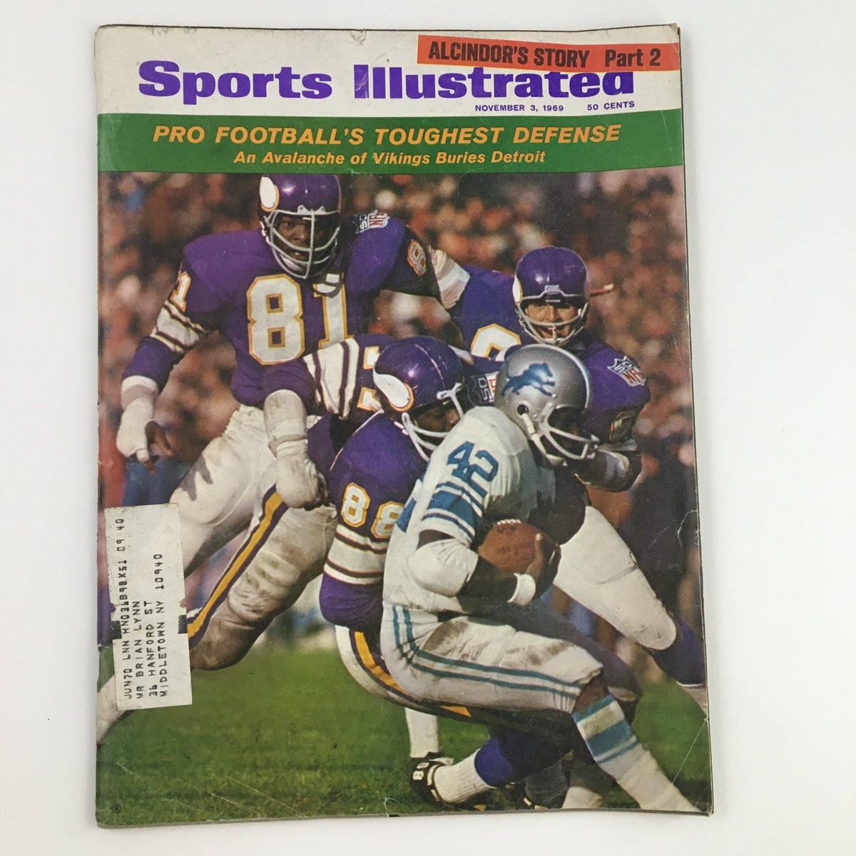 Cover of Sports Illustrated Magazine from November 3, 1969, featuring the headline 'Avalanche of Vikings Buries Detroit' with NFL action depicted.