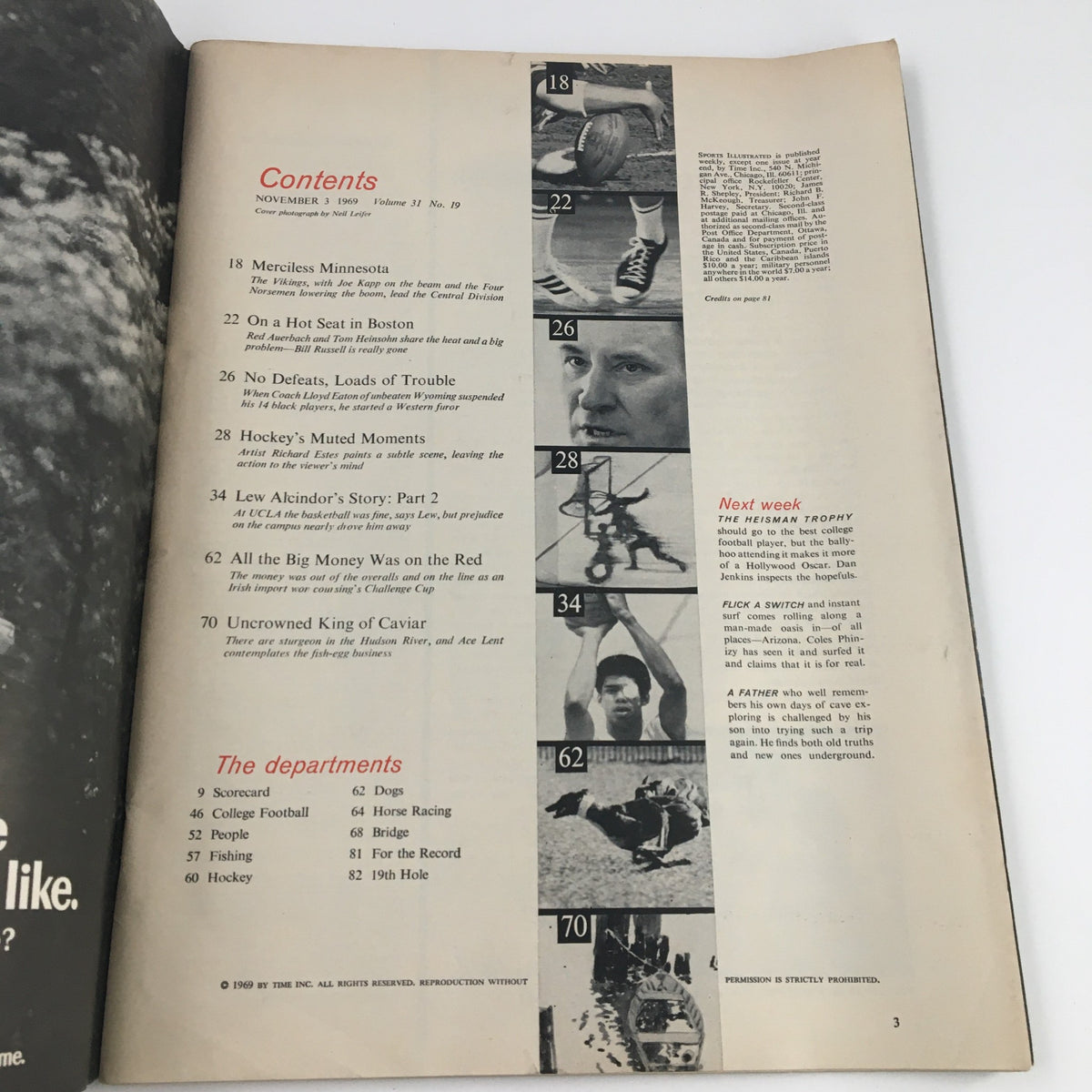 Contents page of Sports Illustrated Magazine dated November 3, 1969, highlighting various sports articles and features.