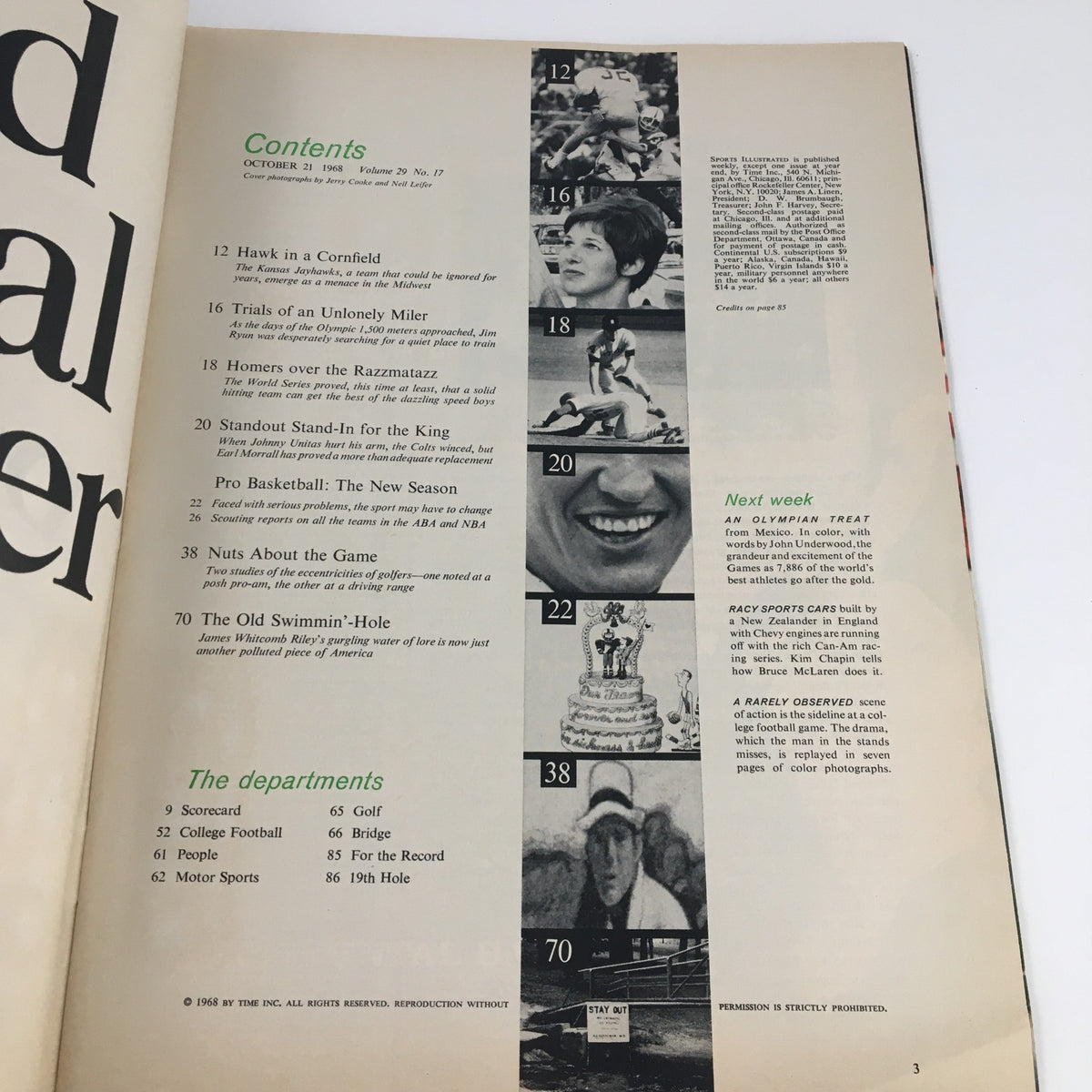 Sports Illustrated Magazine October 21 1968 contents page featuring articles on Kansas Jayhawks, Olympics and various sports insights.