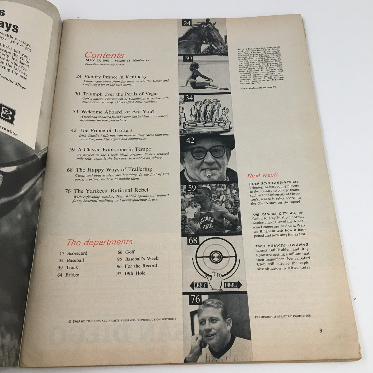 Contents page of Sports Illustrated Magazine May 13 1963, showcasing articles including 'The Prince of Trotters' about Irish Charlie Mills and other notable sports topics from the era.