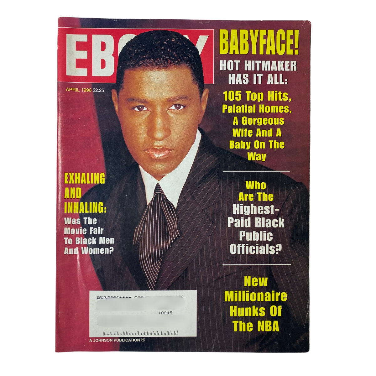 Cover of Ebony Magazine, April 1996, featuring Babyface, titled 'Babyface! Hot Hittmaker Has It All'. Highlights topics such as top hits, public officials, and millionaire NBA hunks.